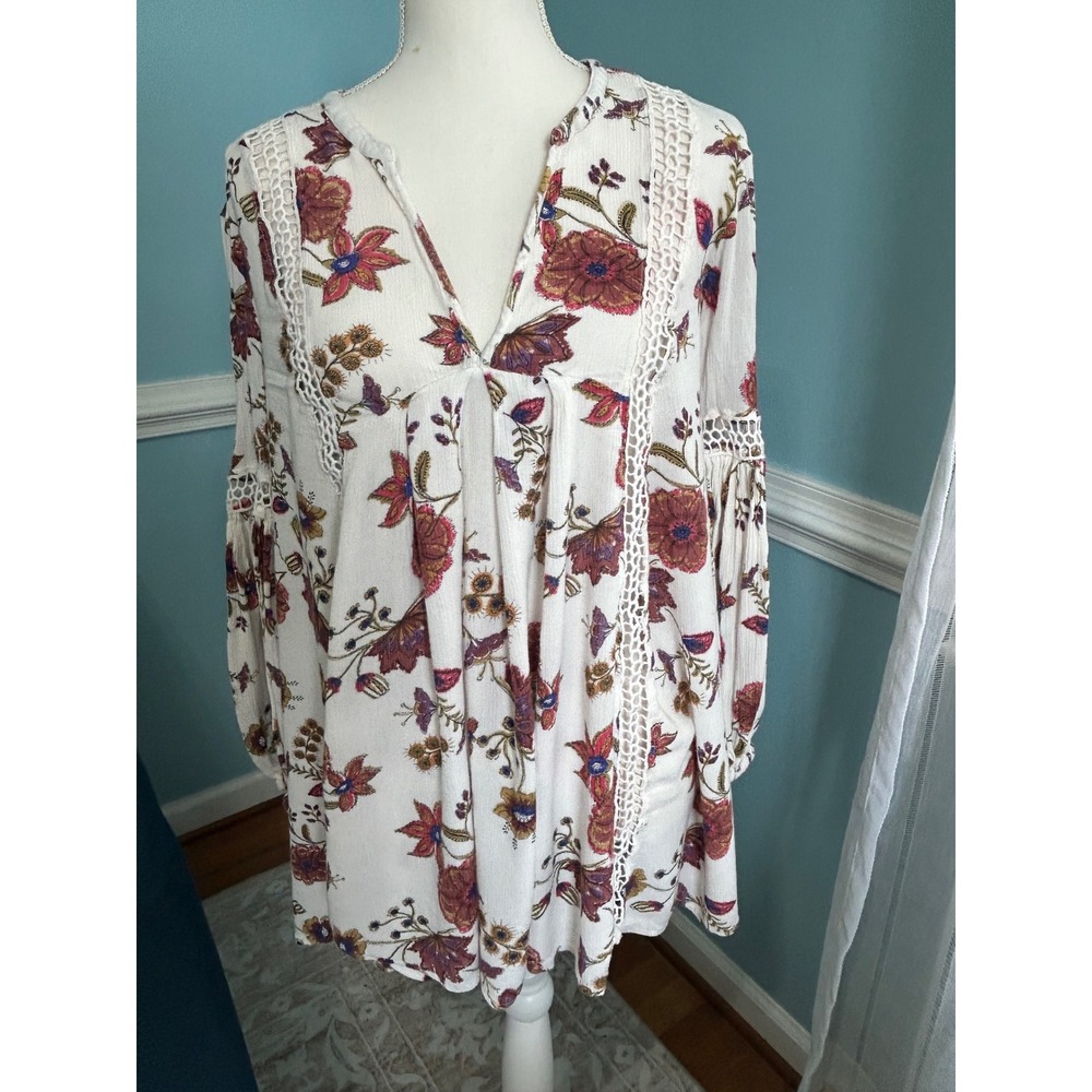Free People Floral Crochet Lace Trim Balloon Sleeve Tunic Top Ivory Cream Medium